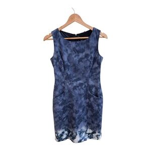 Elie Tahari Blue Sleeveless Sheath Knee Length Womens Size 4 Watercolor Print